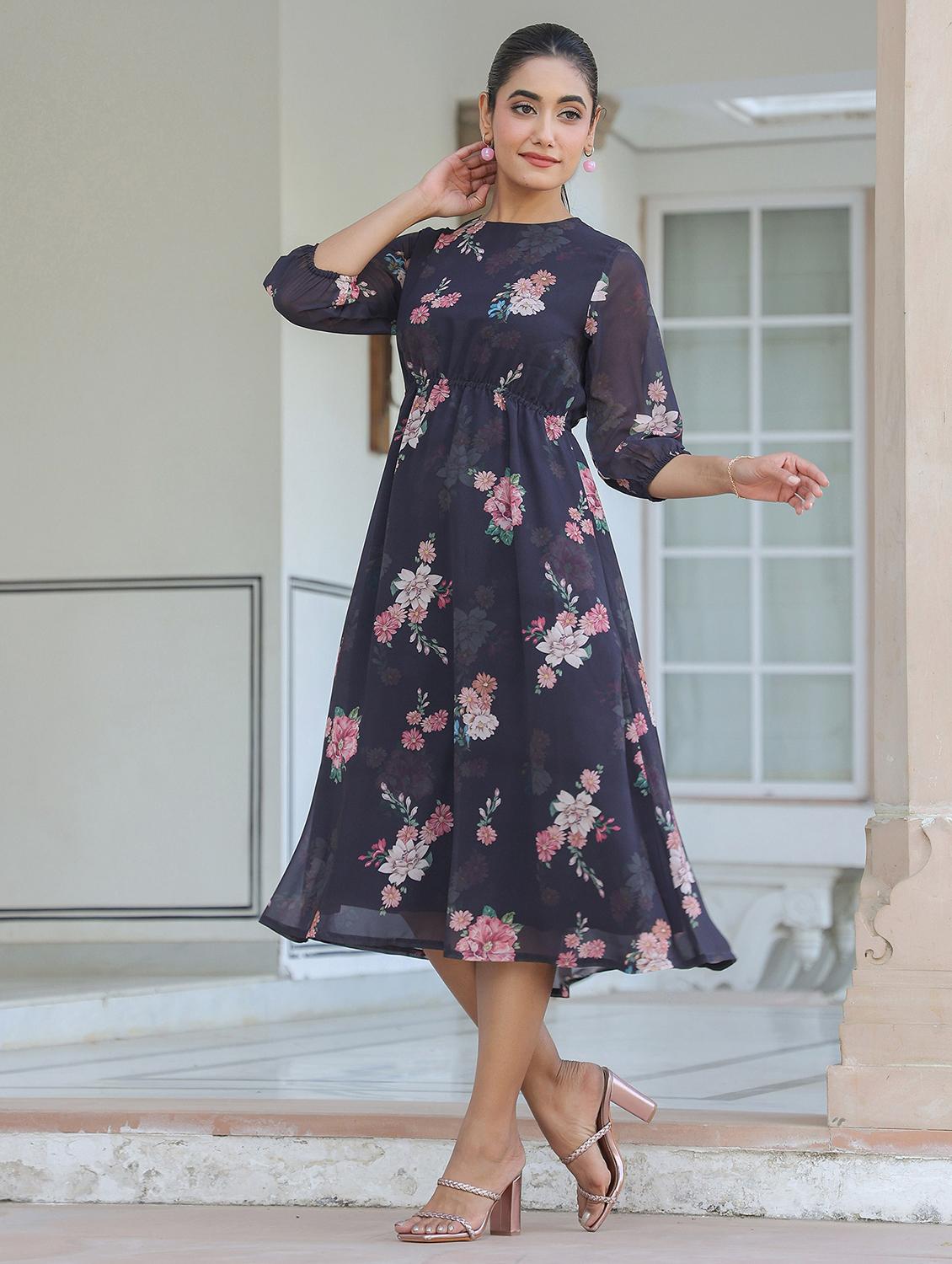 women navy blue floral printed round neck fit & flare dress - 21906090 - Standard Image - 2