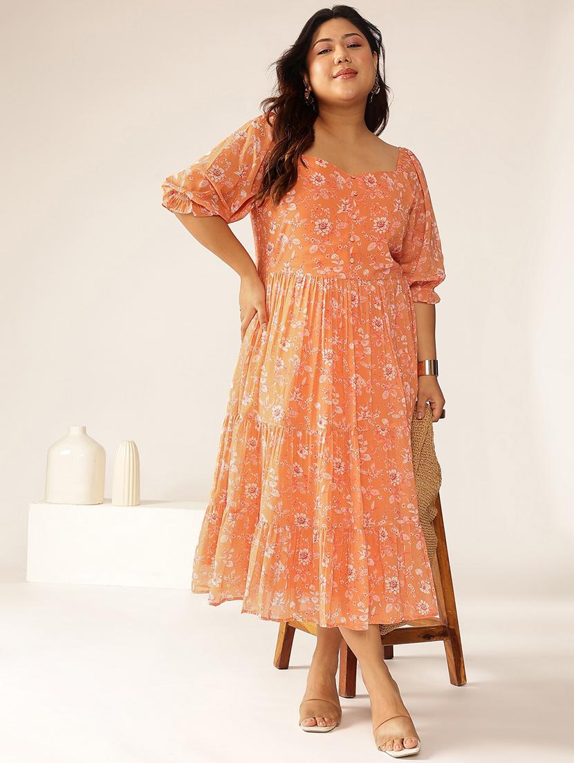 women plus size orange floral printed tiered dress - 21906094 - Zoom Image - 0