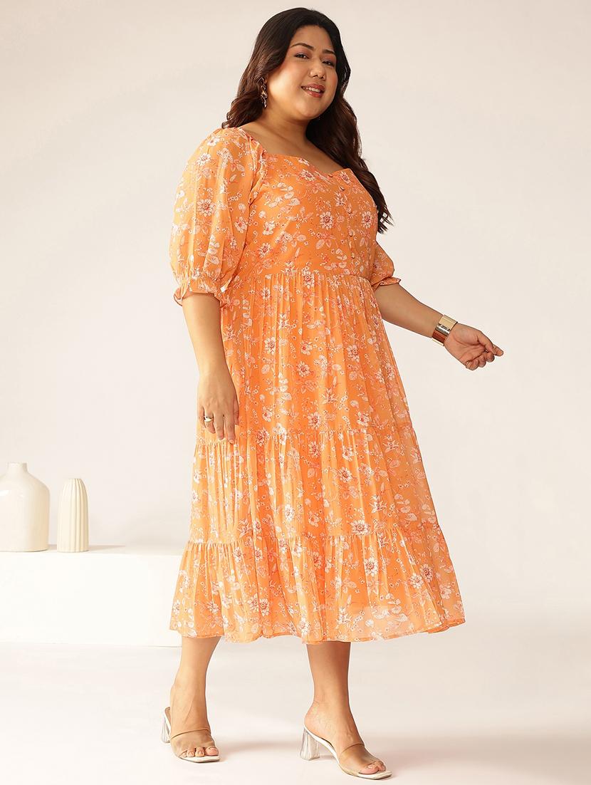 women plus size orange floral printed tiered dress - 21906094 - Standard Image - 2