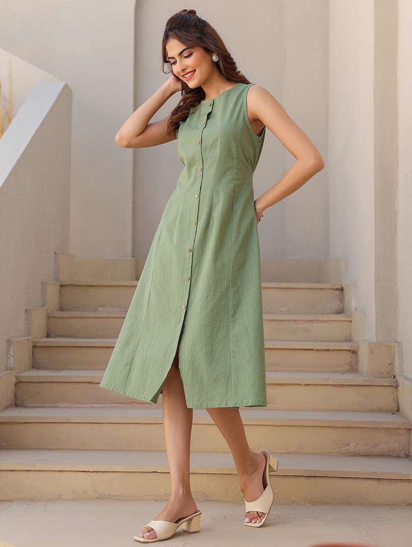 women green solid round neck a-line dress - 21906103 -  Standard Image - 2