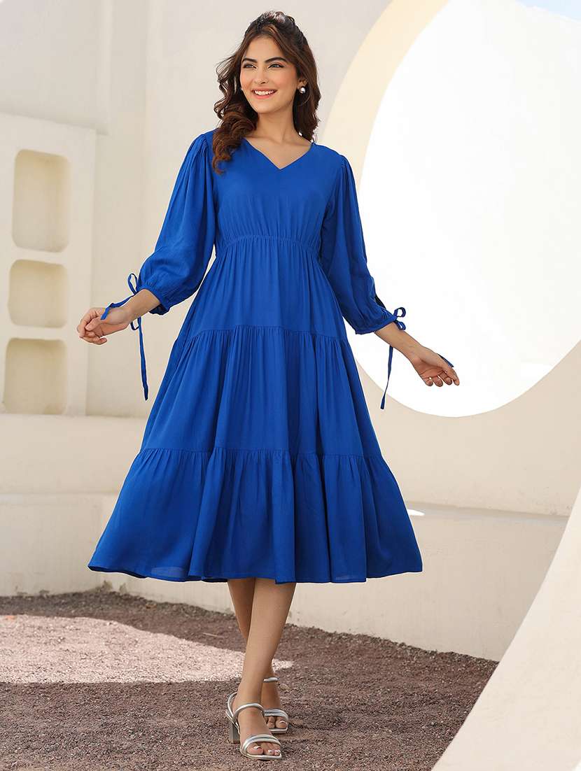 women blue solid v neck tiered dress 