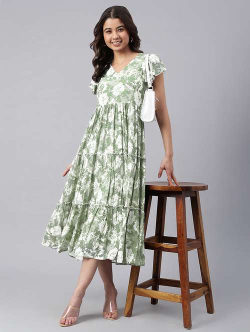 women green printed v neck tiered dress - 21906114 -  Standard Image - 0
