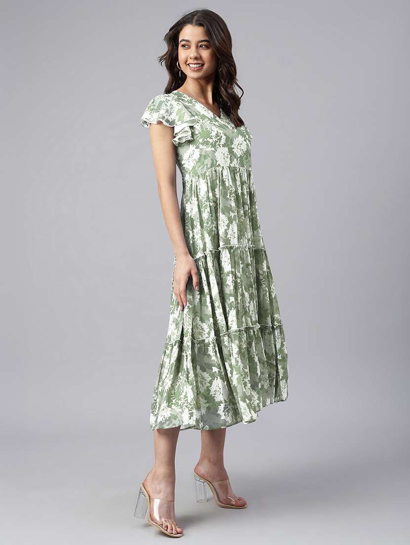 women green printed v neck tiered dress - 21906114 -  Standard Image - 2