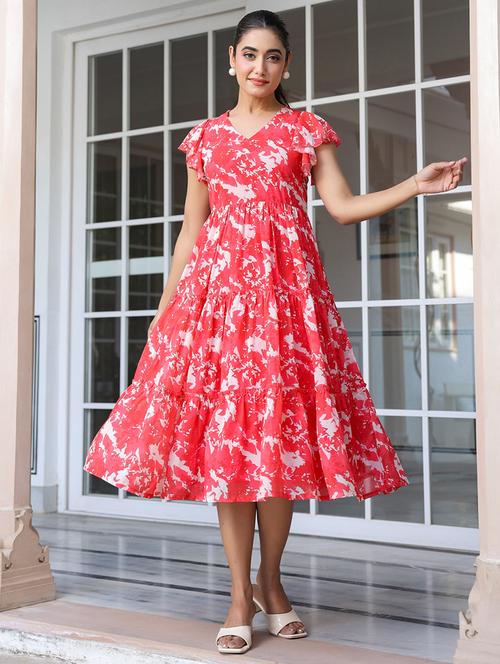 women red printed v neck tiered dress - 21906115 -  Standard Image - 0