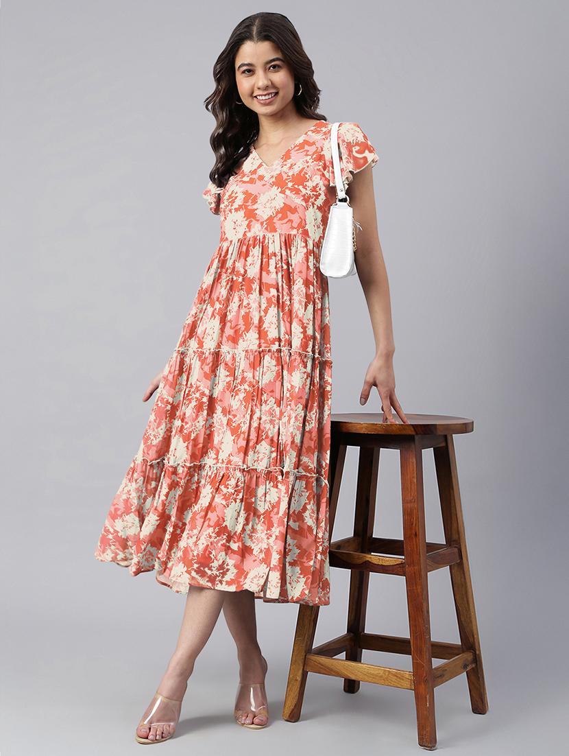 women orange printed v neck tiered dress