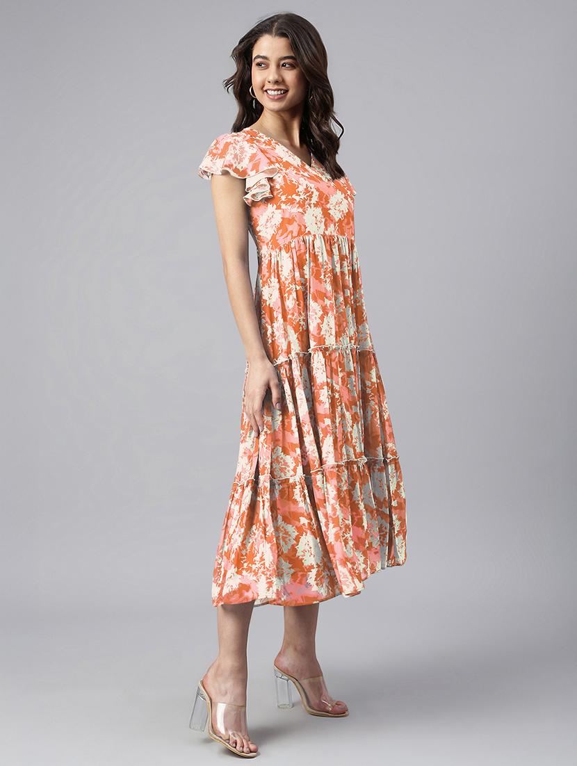 women orange printed v neck tiered dress - 21906116 - Standard Image - 2