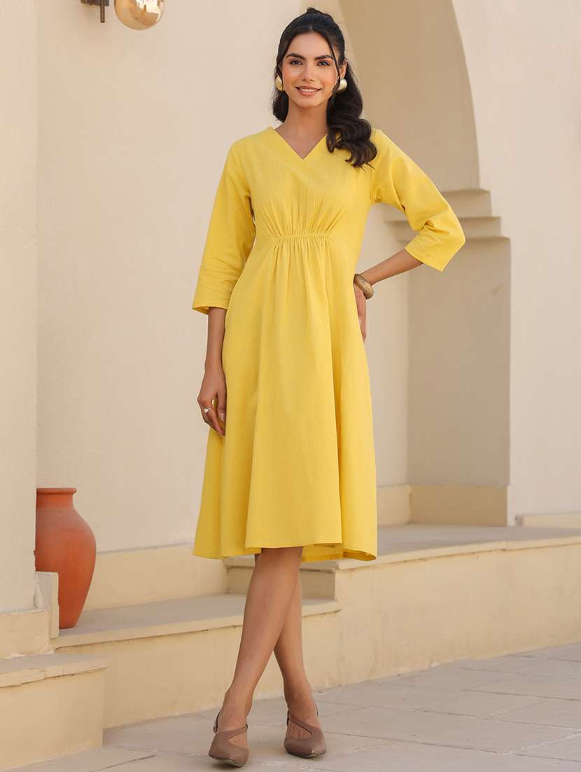 women yellow solid v neck a-line dress