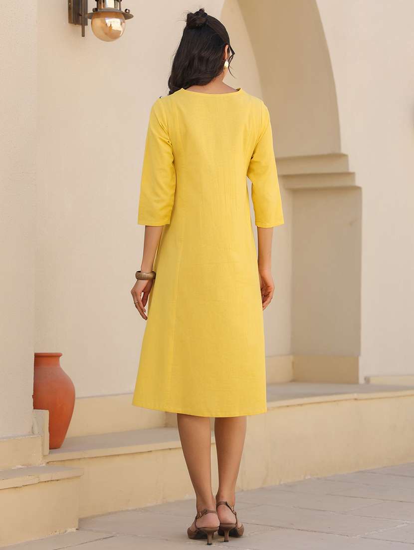 women yellow solid v neck a-line dress - 21906121 -  Standard Image - 2