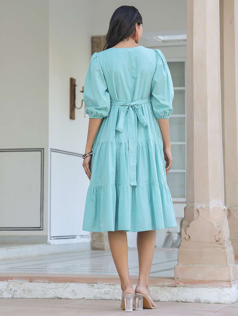 women light blue solid round neck tiered dress  - 21906127 -  Standard Image - 2