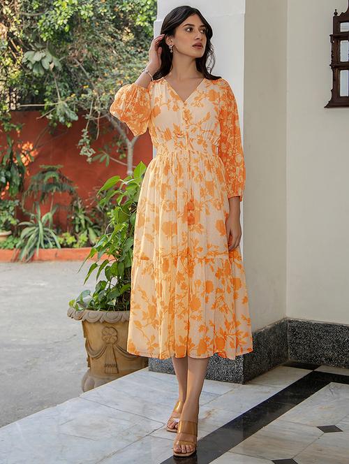 women orange floral printed tiered dress - 21906129 -  Standard Image - 0