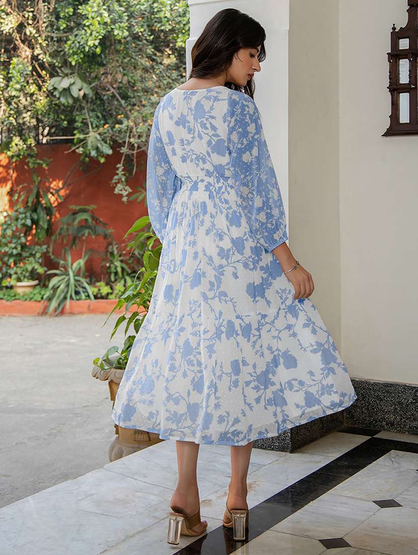 women light blue floral printed v neck tiered dress - 21906130 -  Standard Image - 2