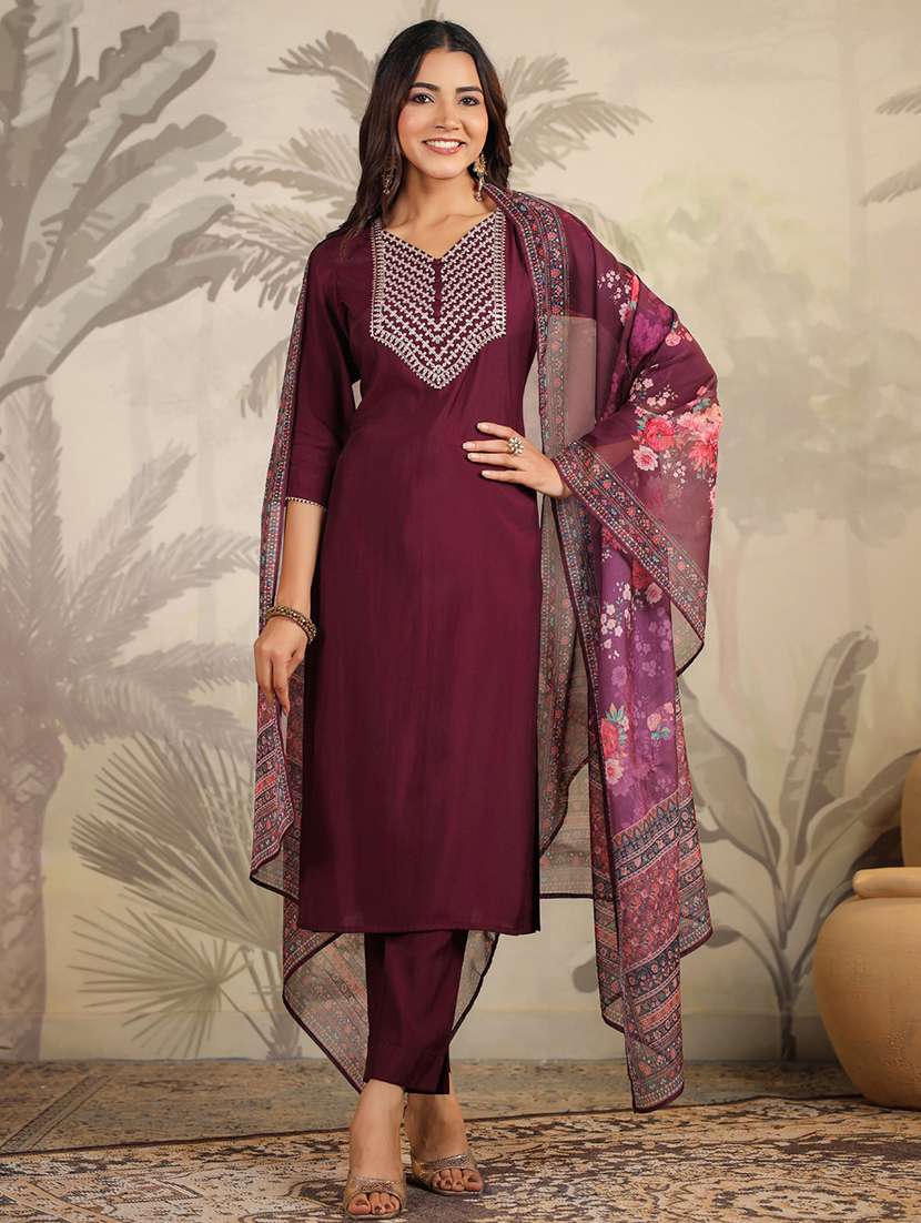 women three quarter sleeve kurta pant with dupatta set