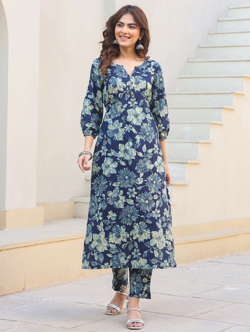 women blue floral printed kurta pant set