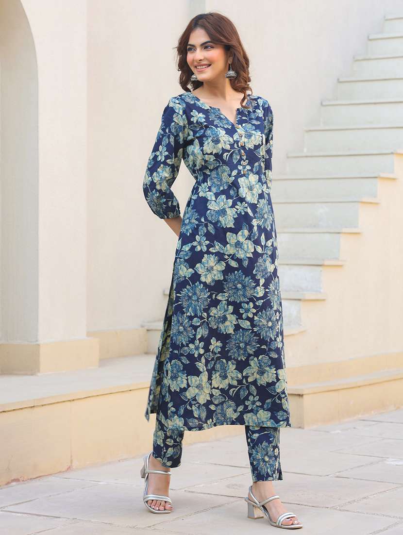 women blue floral printed kurta pant set - 21906167 - Standard Image - 2