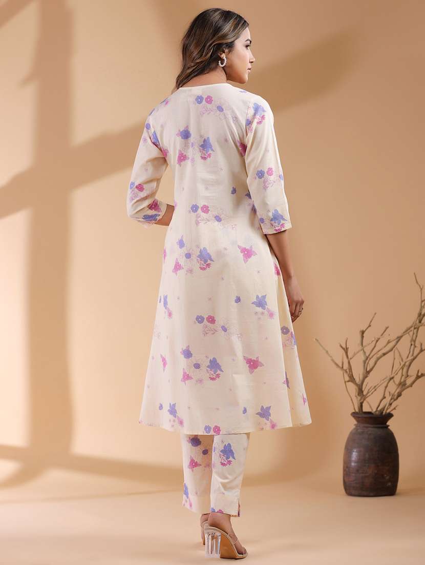 women cream three quarter sleeve kurta pant set - 21906168 - Standard Image - 2