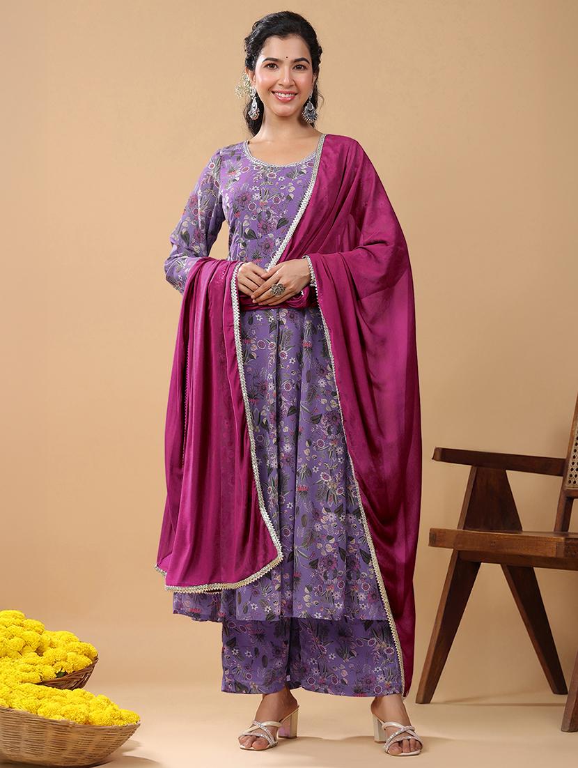 women lavender floral printed kurta palazzo set