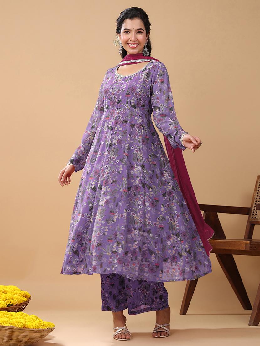 women lavender floral printed kurta palazzo set - 21906171 - Standard Image - 2