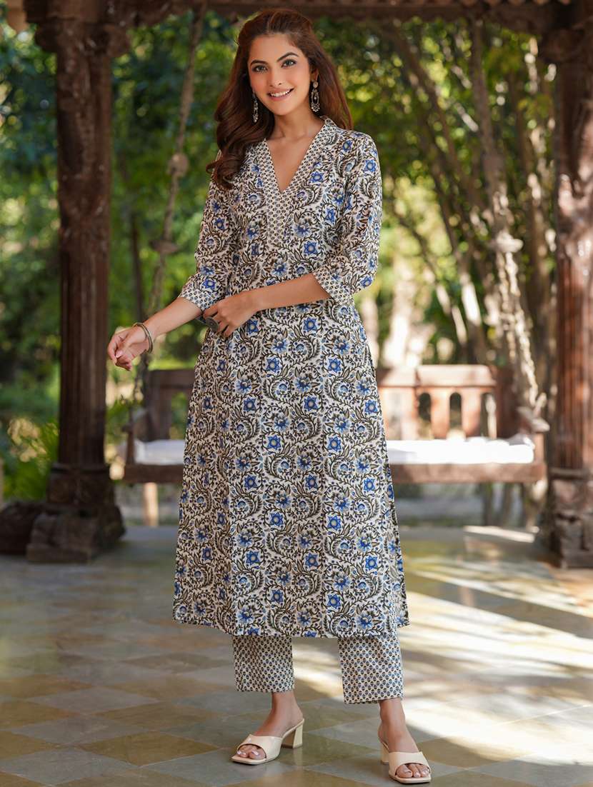 women cream floral printed kurta pant set - 21906173 - Standard Image - 2
