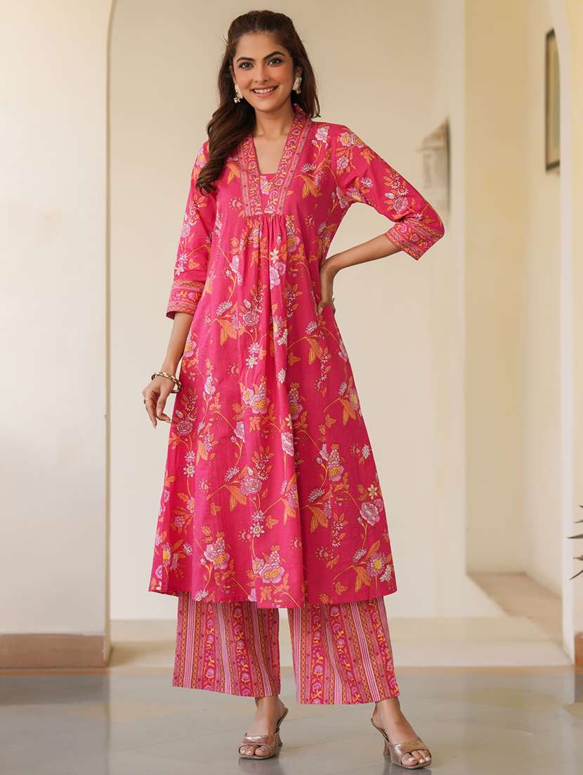 women pink three quarter sleeve kurta pant set