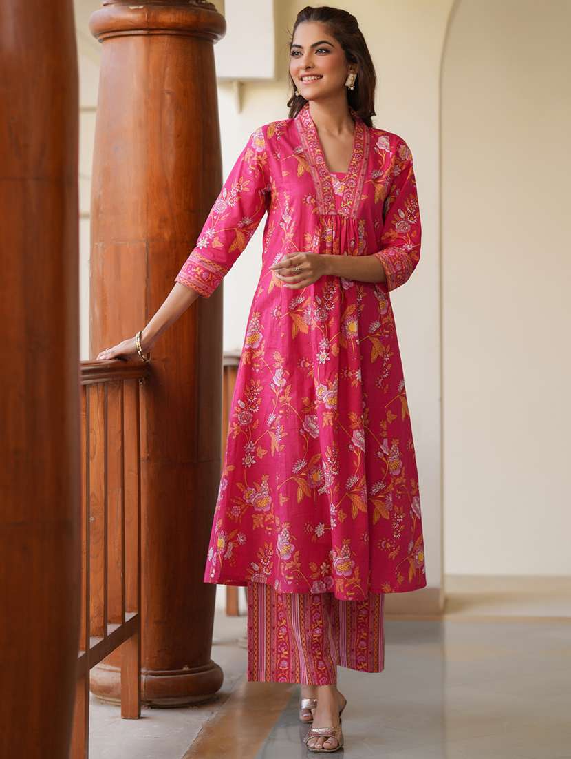women pink three quarter sleeve kurta pant set - 21906178 -  Standard Image - 2