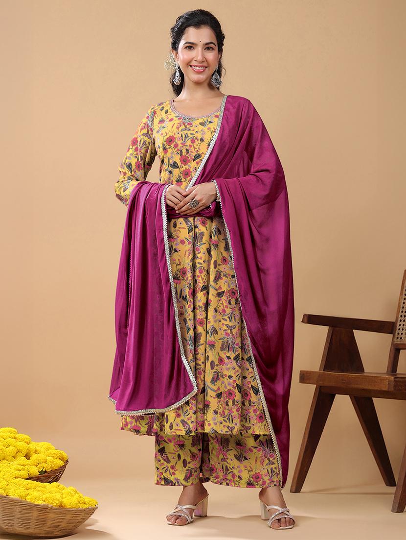 woomen mustard floral printed kurta palazzo set set