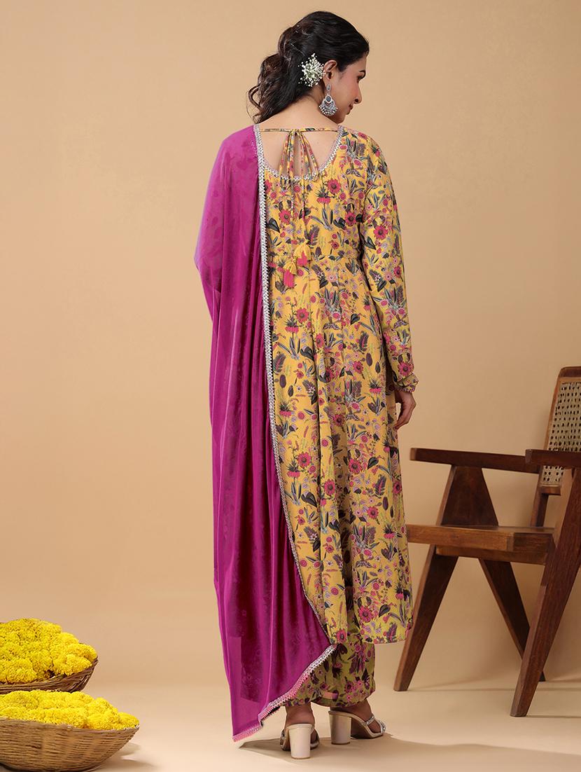 woomen mustard floral printed kurta palazzo set set - 21906185 - Standard Image - 2