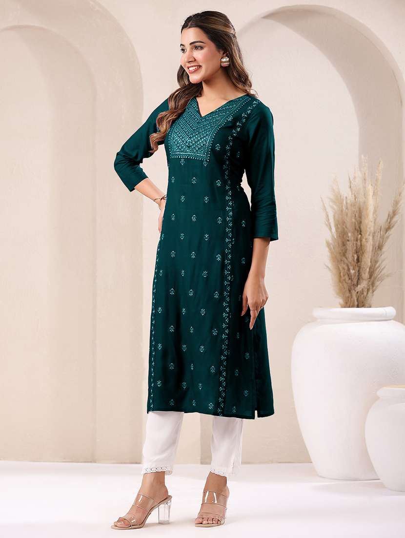 women three quarter sleeve straight kurta - 21906197 -  Standard Image - 2