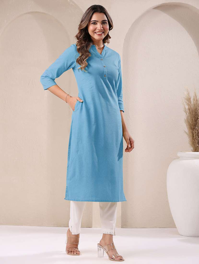 women solid three quarter sleeve straight kurta - 21906202 -  Standard Image - 2