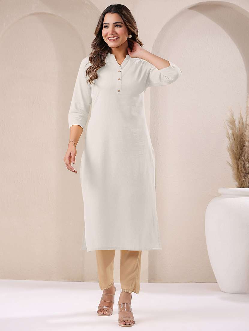 women solid three quarter sleeve straight kurta