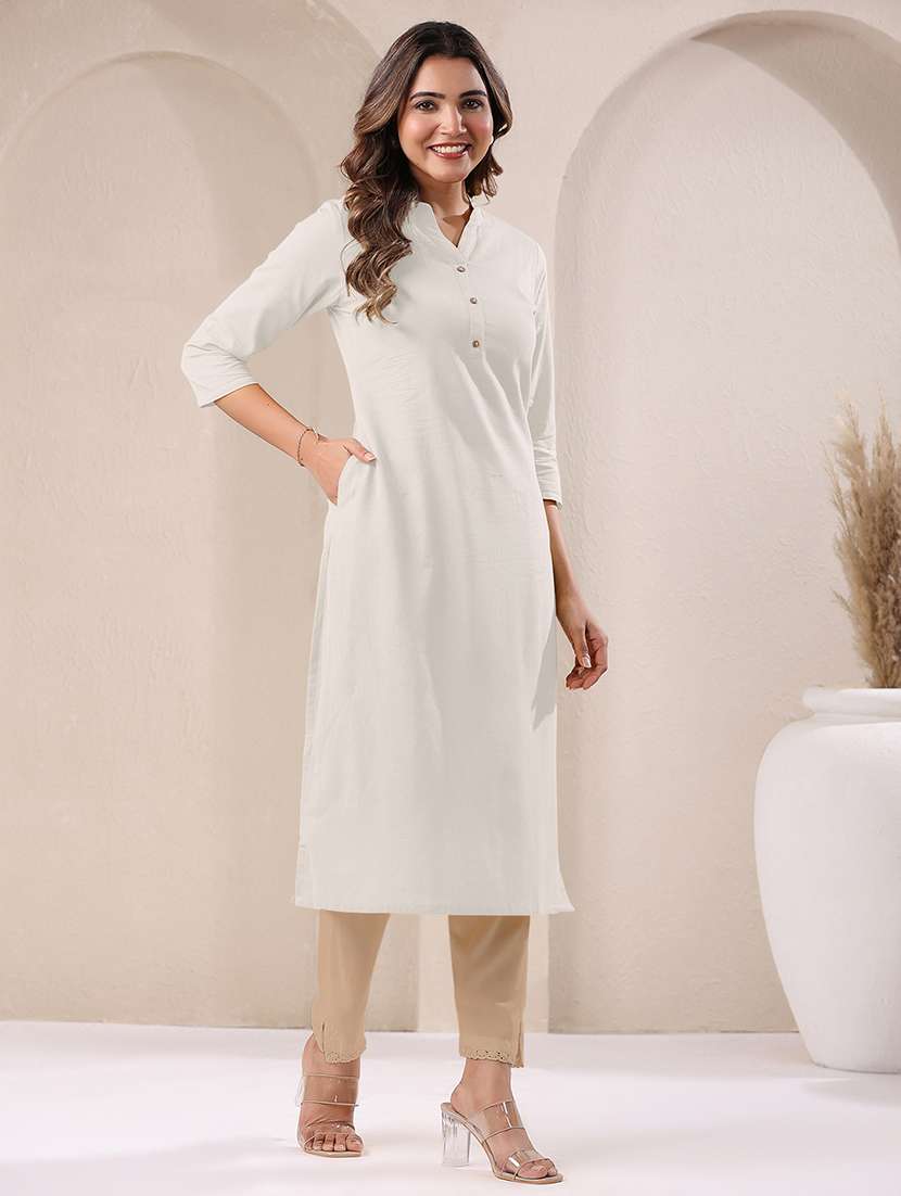 women solid three quarter sleeve straight kurta - 21906203 -  Standard Image - 2