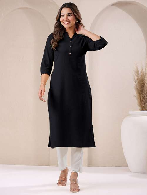 women solid three quarter sleeve straight kurta - 21906204 - Standard Image - 0