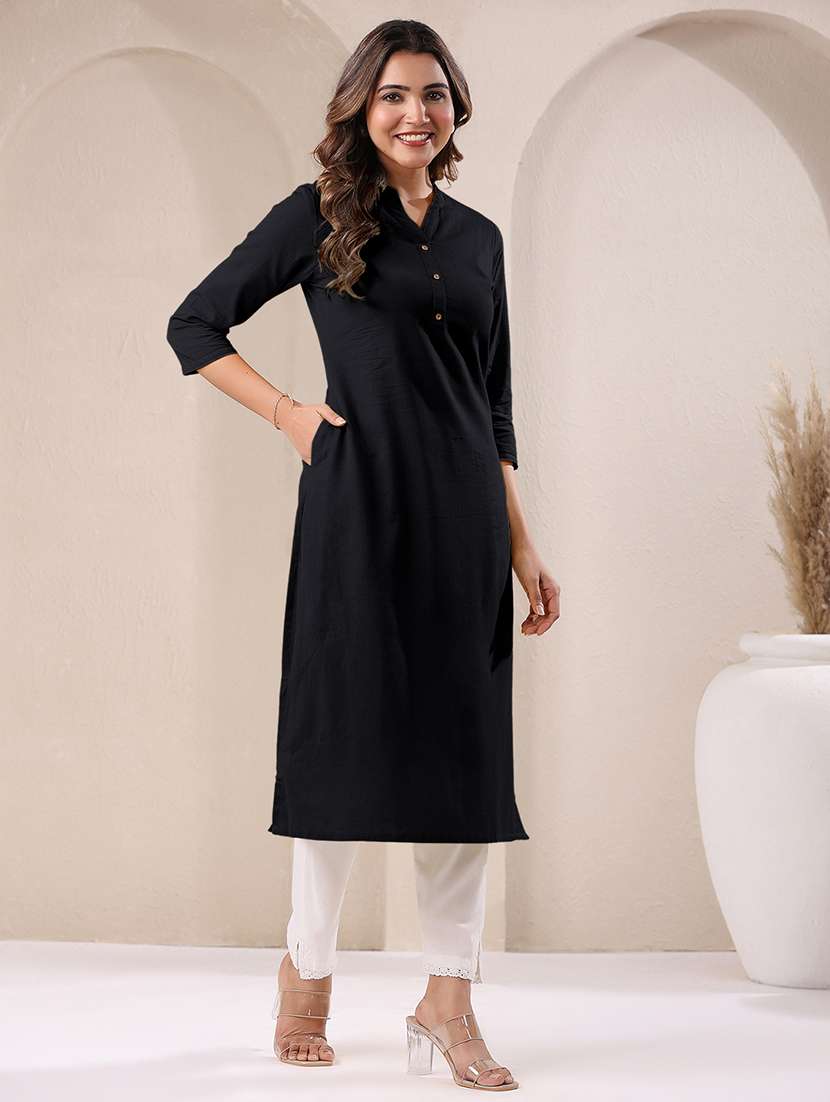 women solid three quarter sleeve straight kurta - 21906204 - Standard Image - 2