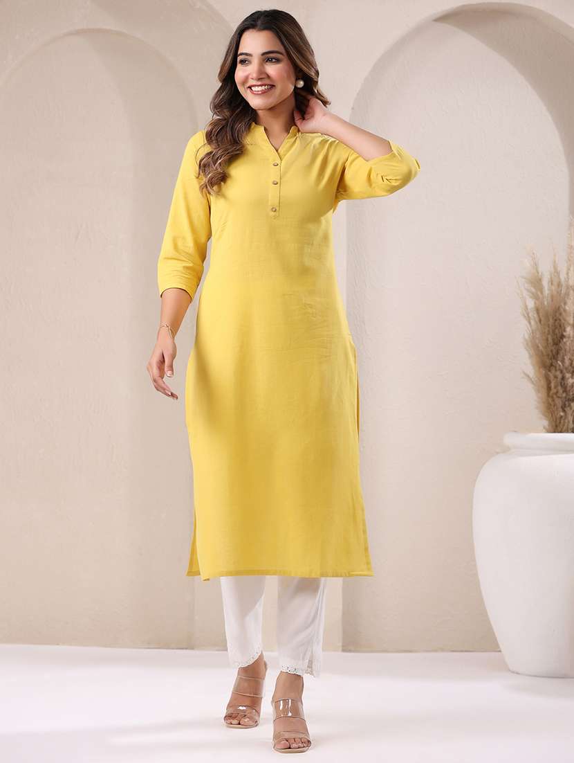 women solid three quarter sleeve straight kurta