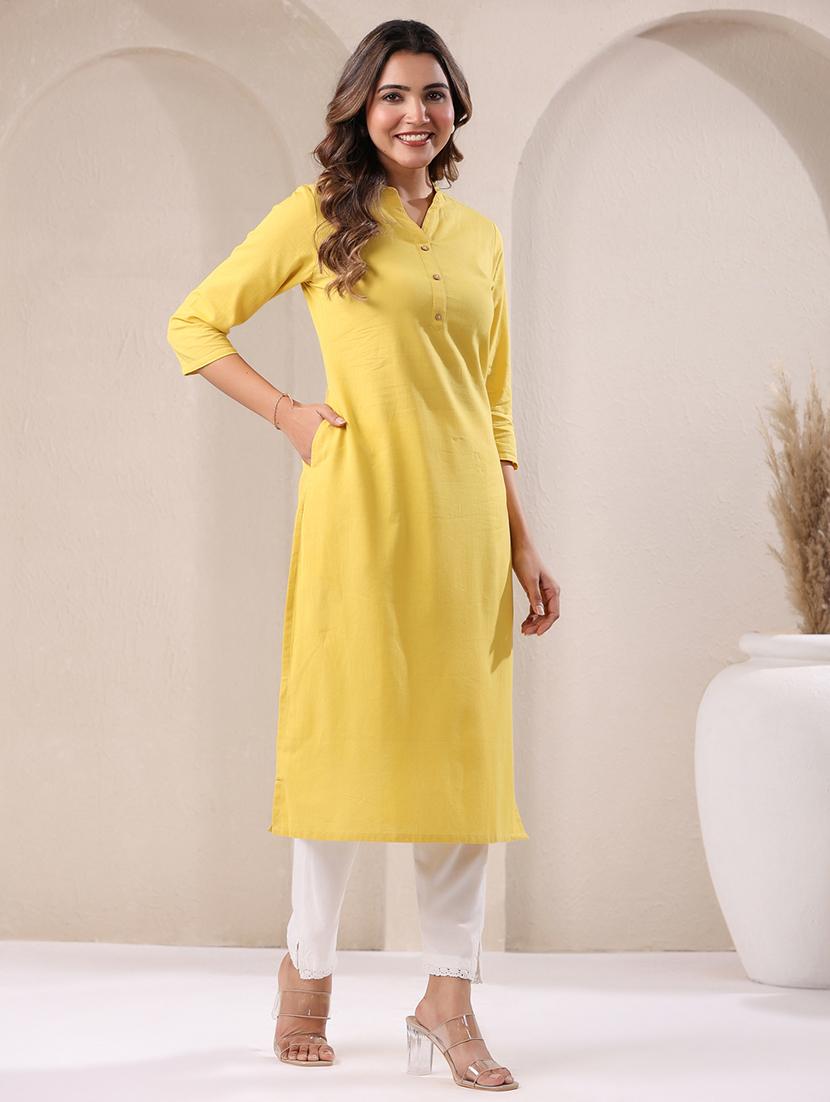 women solid three quarter sleeve straight kurta - 21906205 - Standard Image - 2