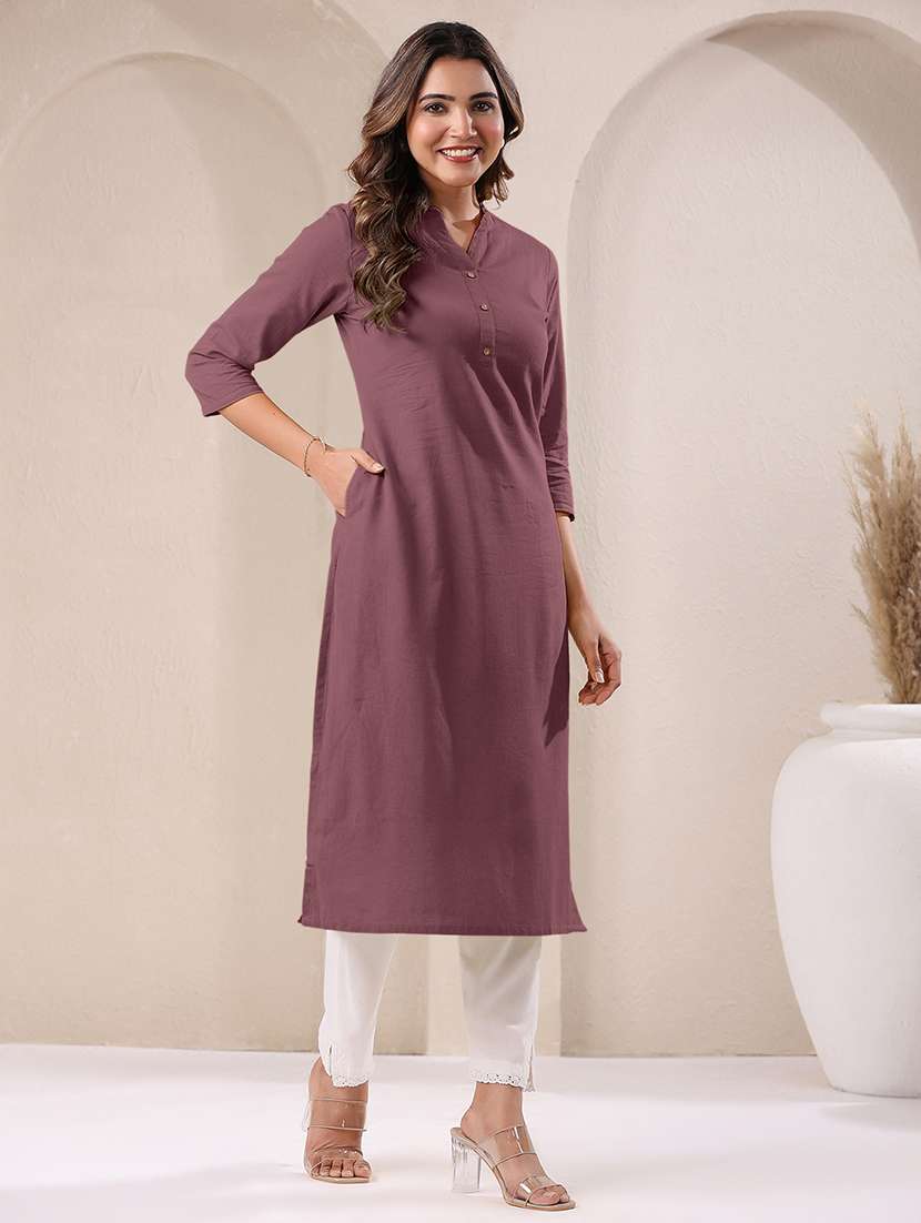 women solid three quarter sleeve straight kurta - 21906206 -  Standard Image - 2