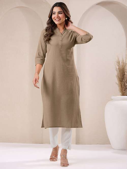 women solid three quarter sleeve straight kurta - 21906208 -  Standard Image - 0