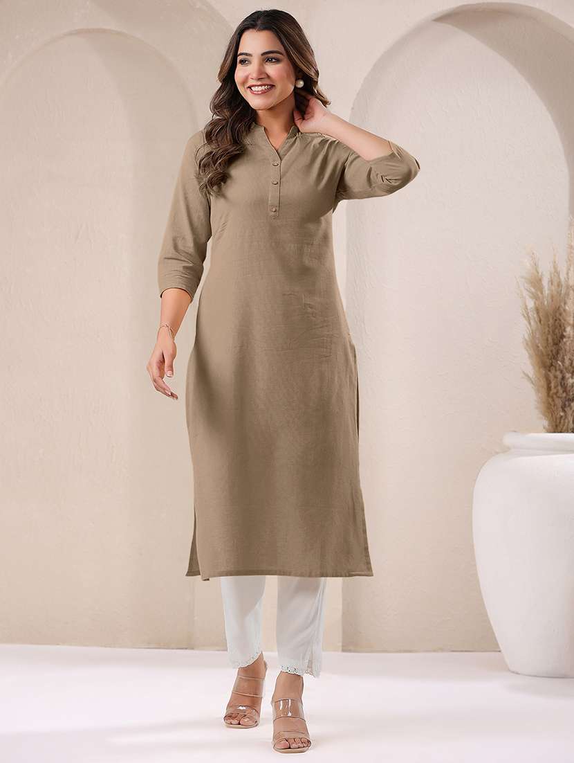 women solid three quarter sleeve straight kurta - 21906208 -  Zoom Image - 0