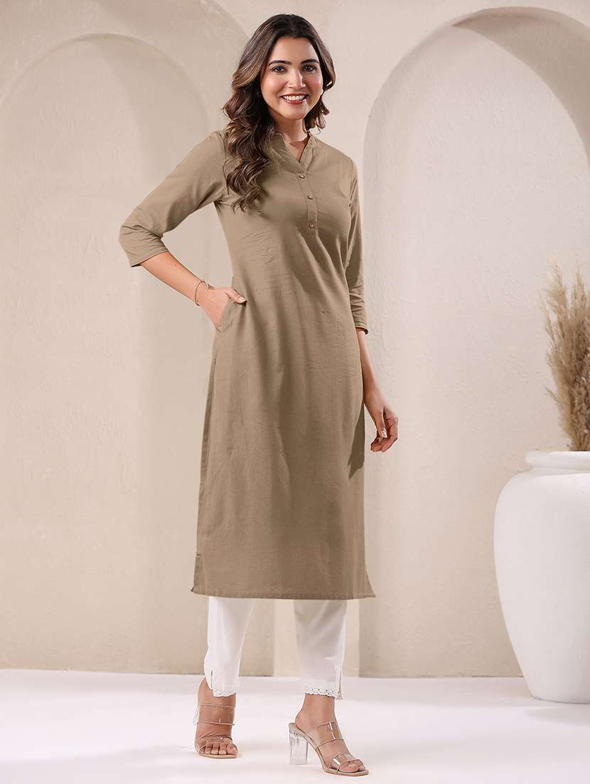women solid three quarter sleeve straight kurta - 21906208 - Standard Image - 2
