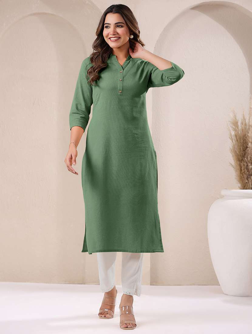 women solid three quarter sleeve straight kurta