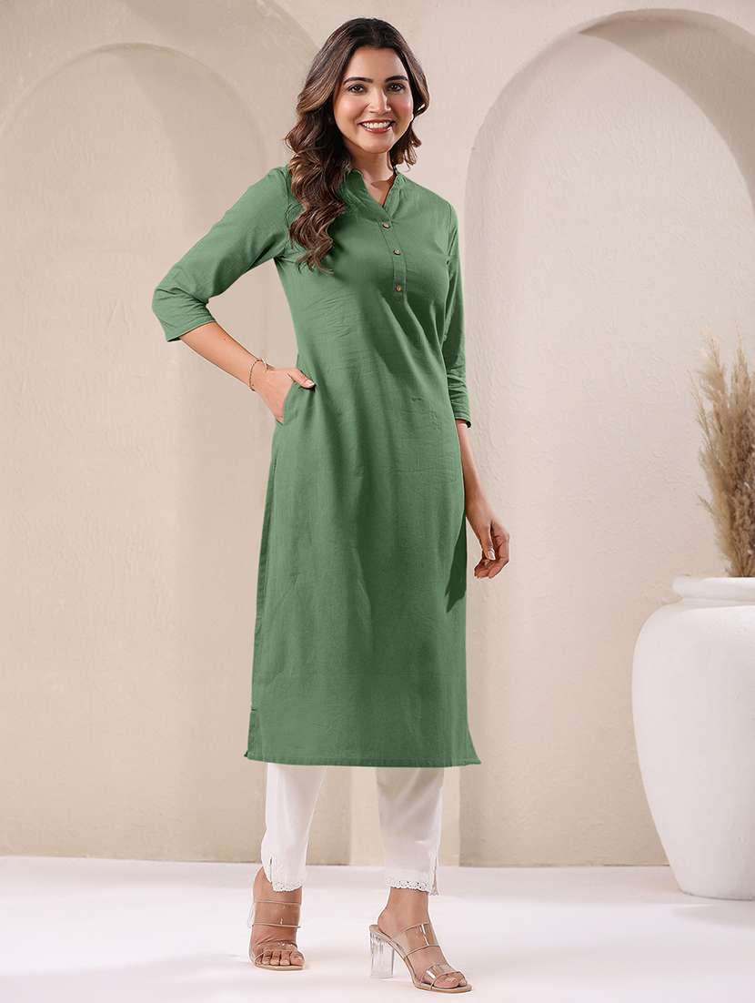 women solid three quarter sleeve straight kurta - 21906210 -  Standard Image - 2