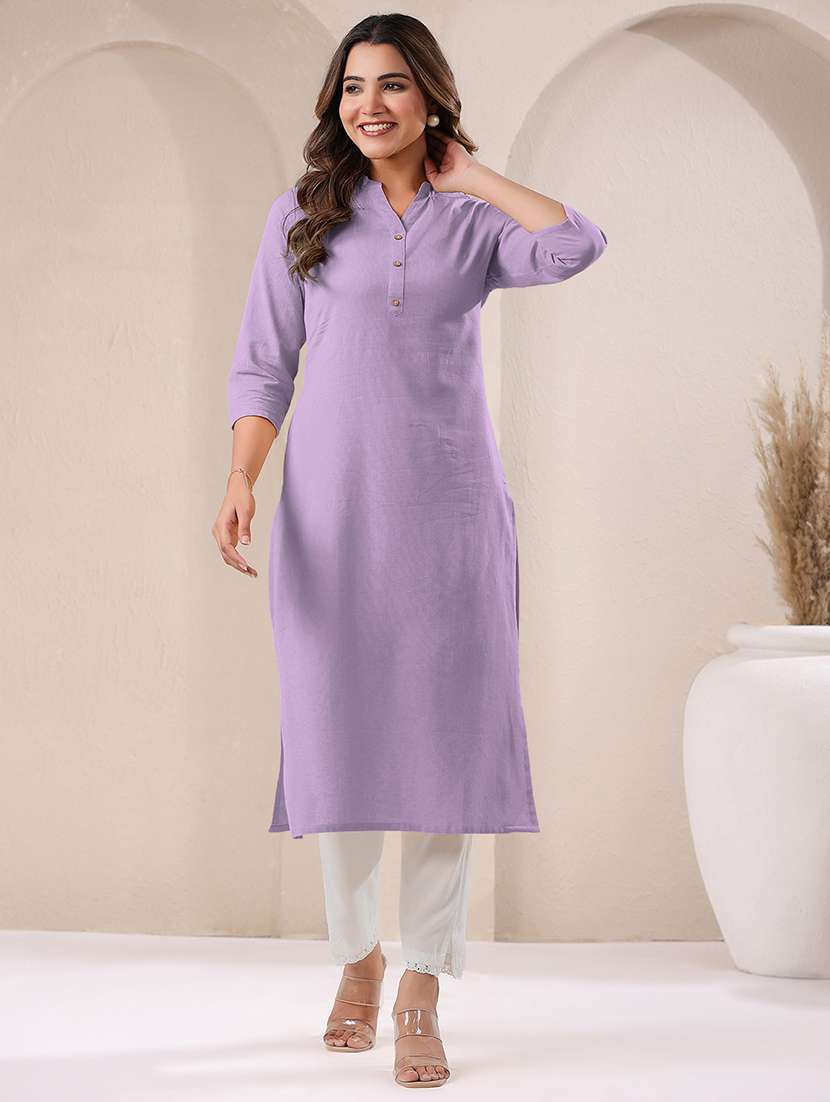 women solid three quarter sleeve straight kurta