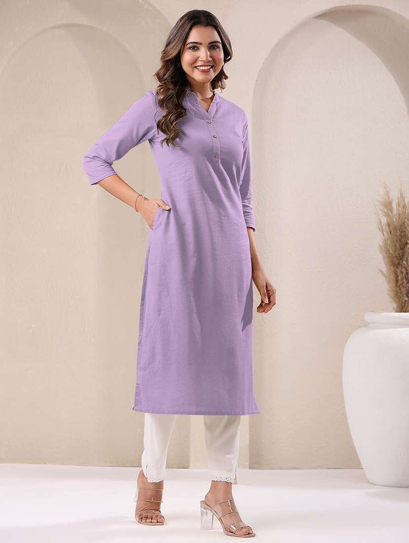 women solid three quarter sleeve straight kurta - 21906211 -  Standard Image - 2