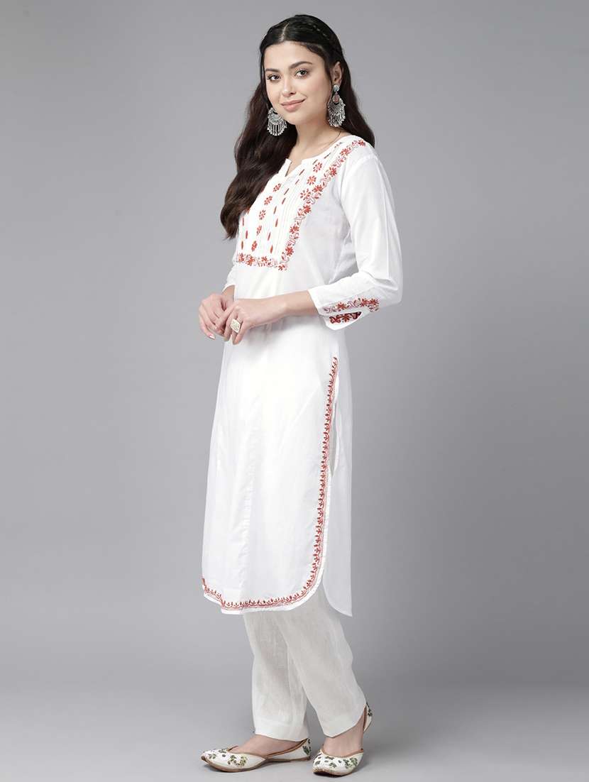 women three quarter sleeve chikankari straight kurta - 21906291 -  Standard Image - 2