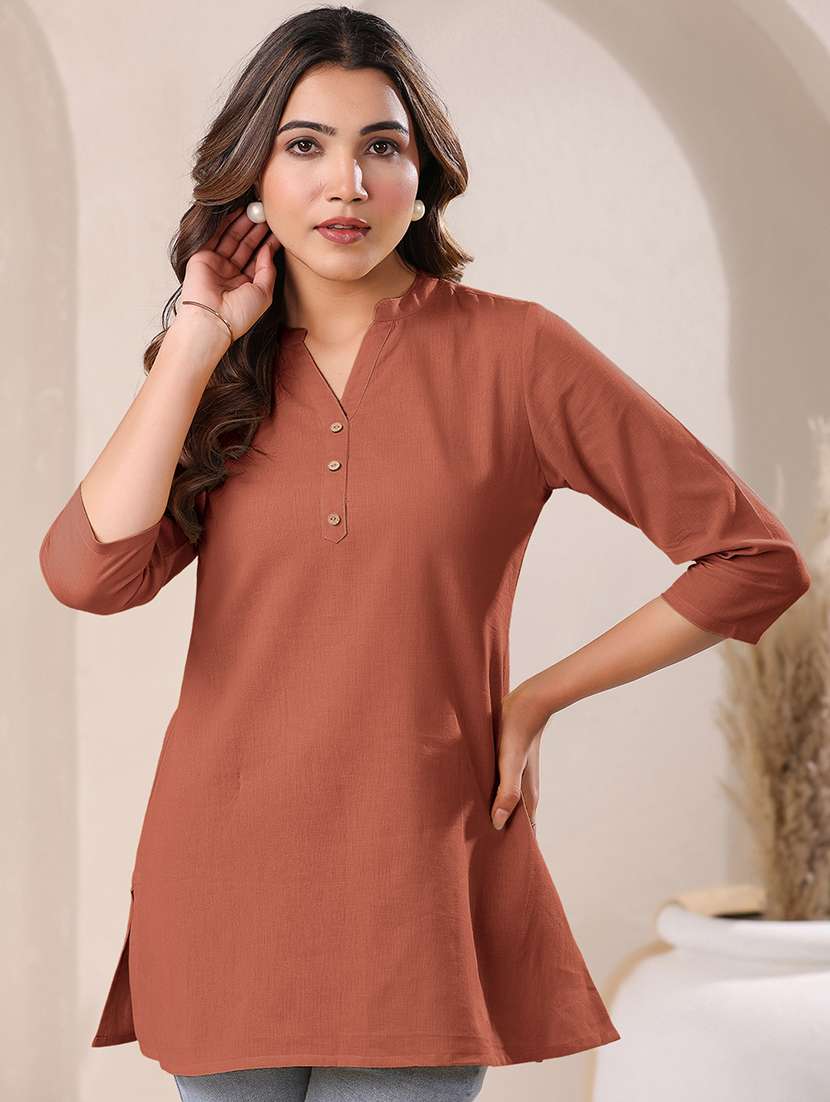 women solid three quarter sleeve a line kurti