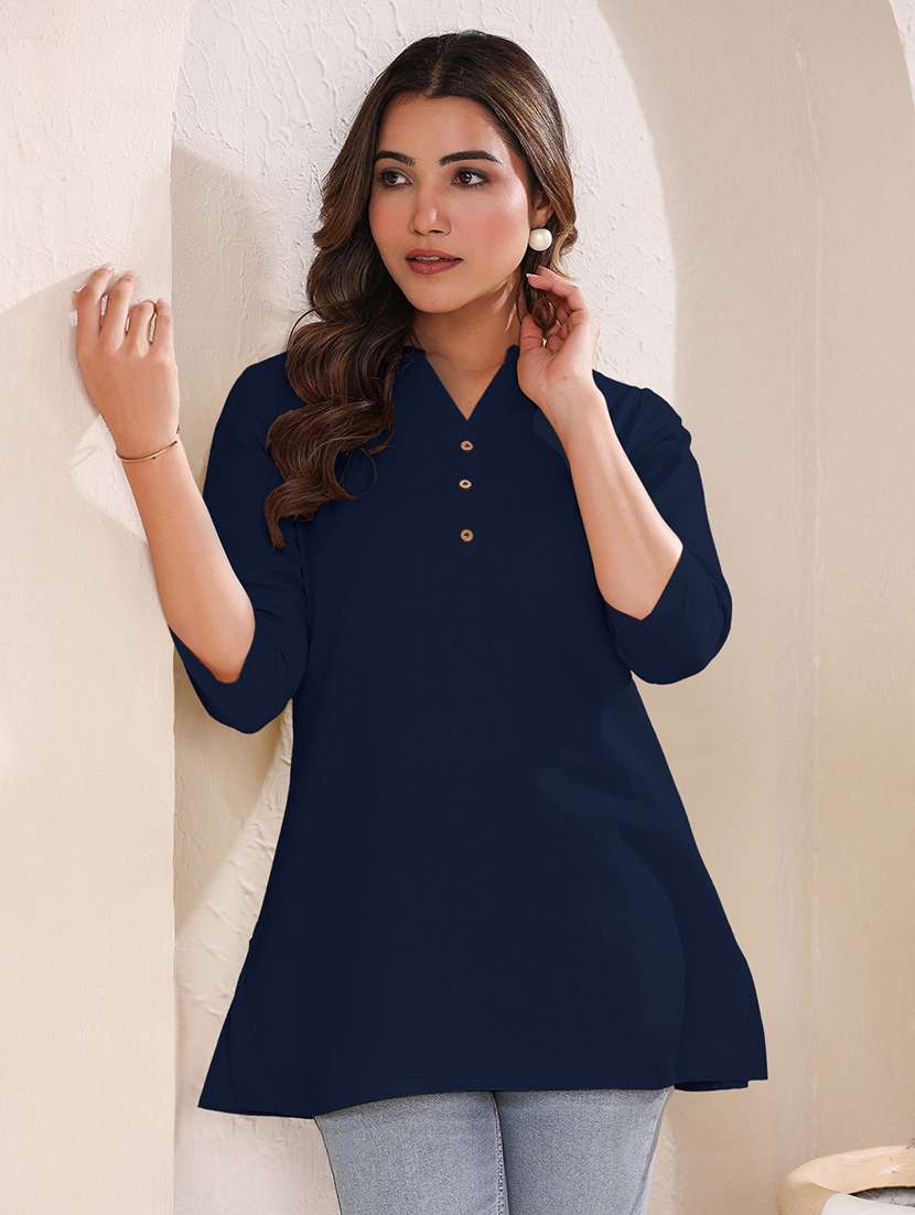women solid three quarter sleeve a line kurti