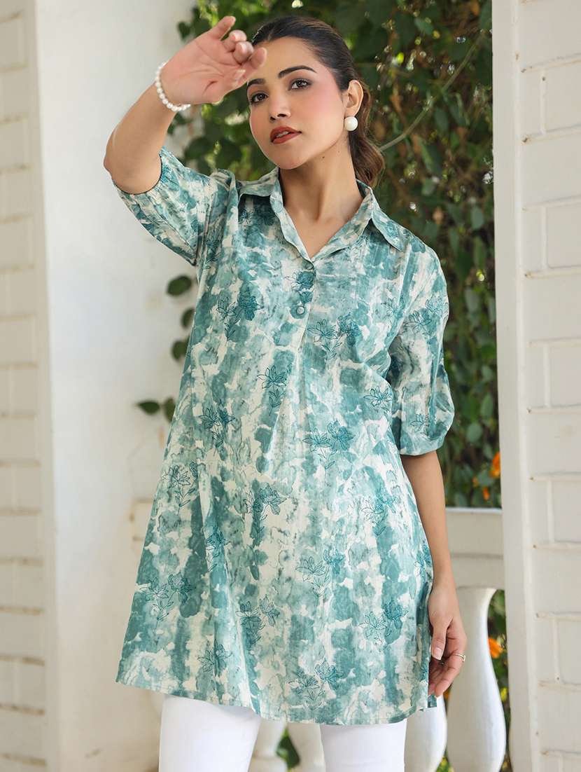 women green tie & dye puff sleeve tunic - 21906329 - Standard Image - 2