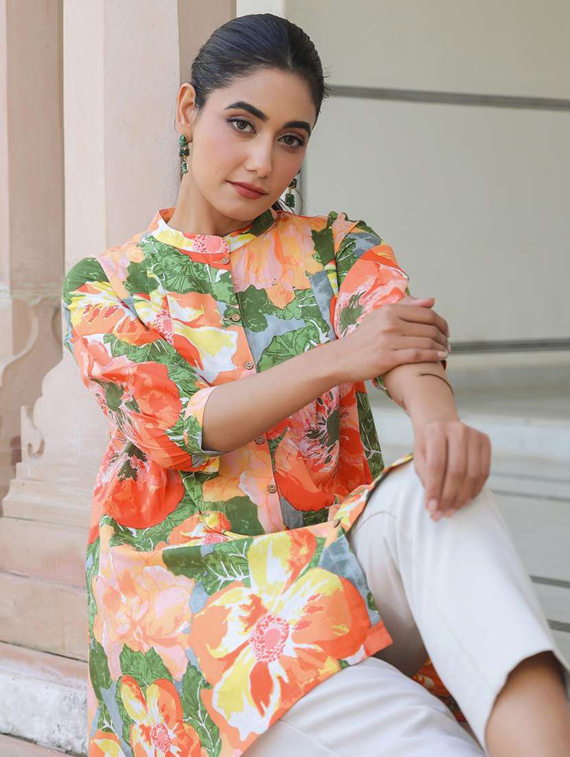 women floral printed three quarter sleeve a-line tunic - 21906348 - Standard Image - 2
