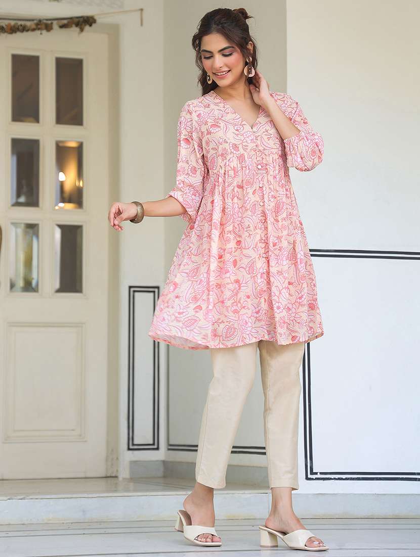 women peach floral printed flared tunic - 21906349 - Standard Image - 2