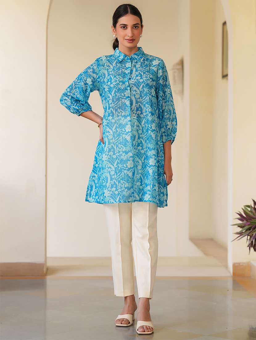 women blue floral printed a-line tunic