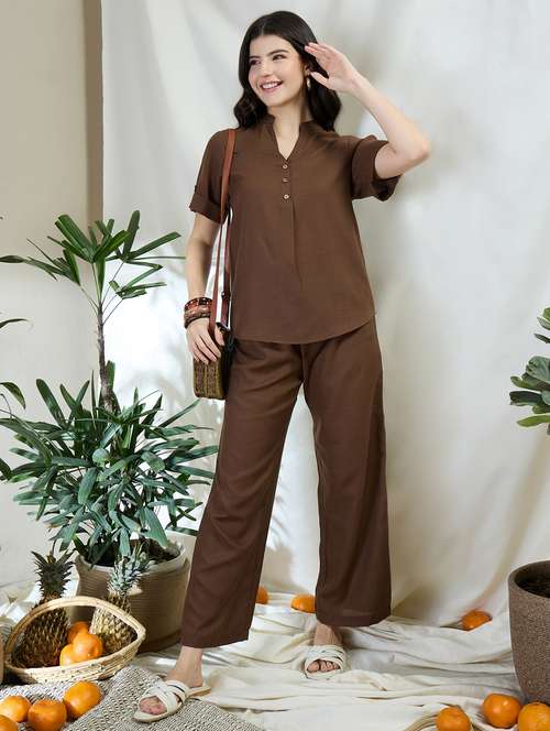 women solid top and trouser co-ord set - 21906359 -  Standard Image - 0
